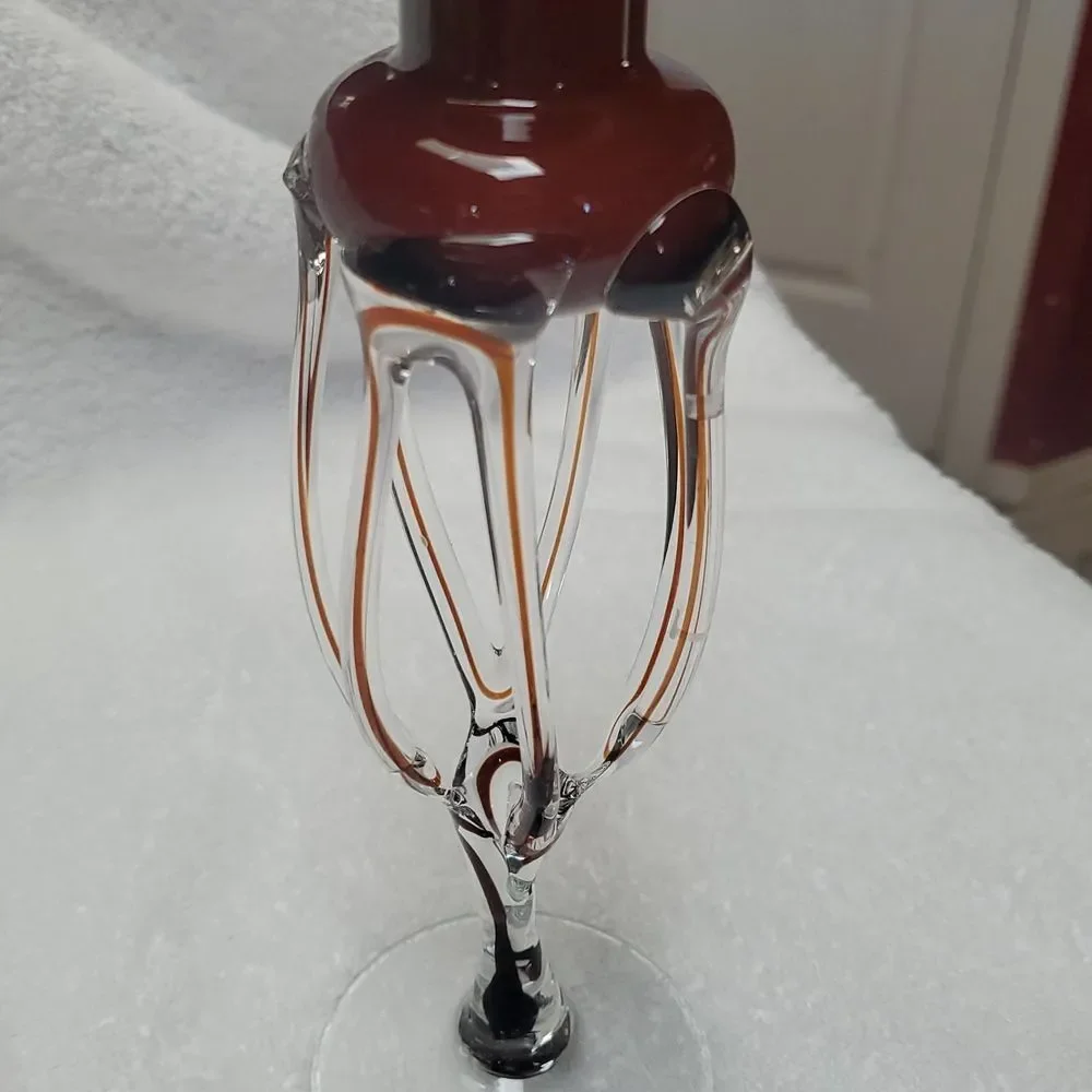 Polish Hand Blown Glass Candle Holders Jellyfish Sculptural Amber Brown VTG